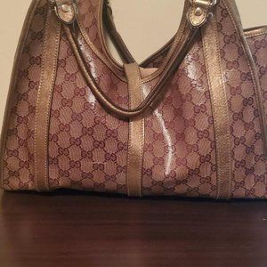 GUCCI TAN LEATHER COATED CANVAS SHOULDER BAG